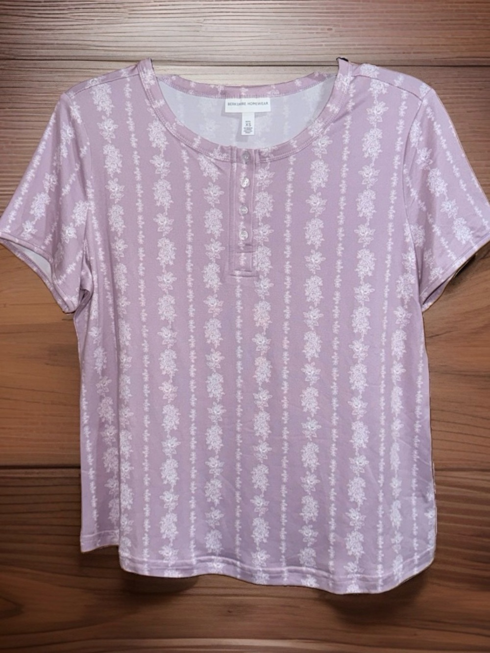 Berkshire Homewear Lavender Flora Short-Sleeve Soft Knit Henley Tee-XS-EC